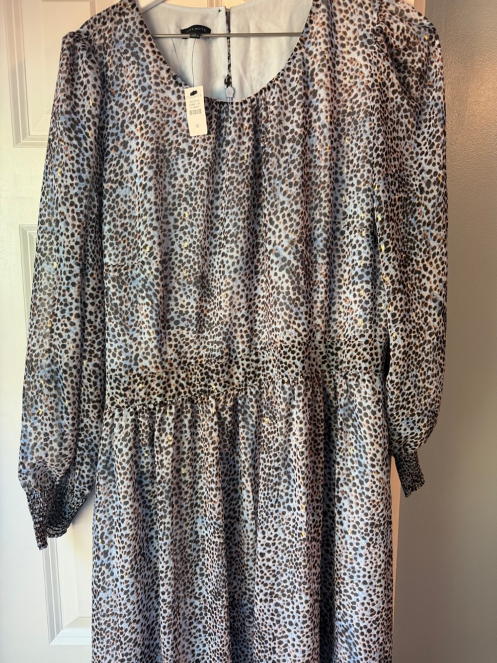 Talbots Cream, Blue, Gold and Brown Leopard-Print Midi Dress